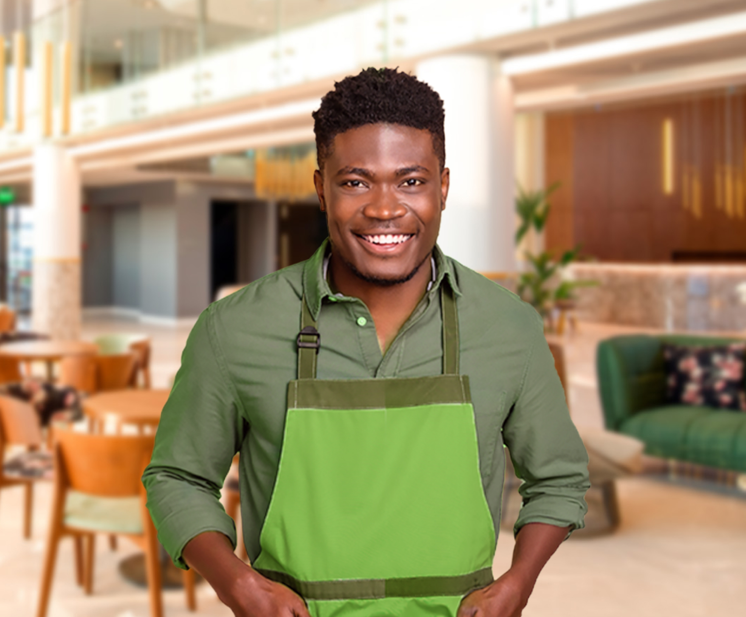 Imagem de um homem adulto, empresário, em seu restaurante. Ele está sorrindo olhando para a frente com ar de tranquilidade.